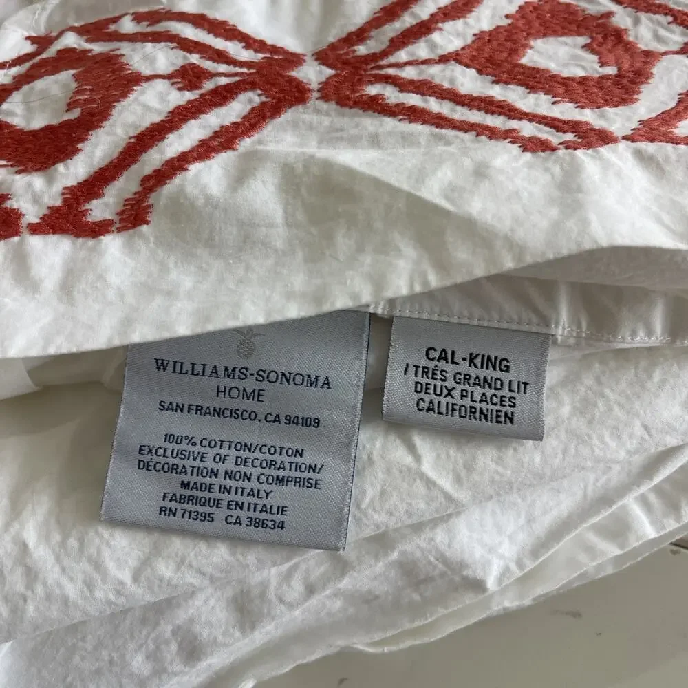 Williams Sonoma Home Italian Cal King Top Sheet White Embroidered Trim Cotton
